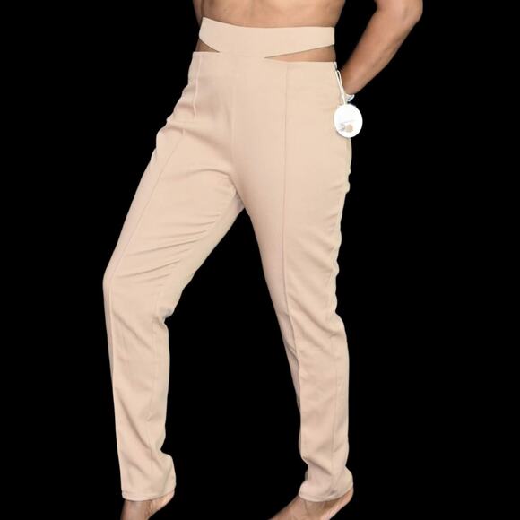Camila Coelho Pants Tan Taupe Waist Cutouts High Waisted Tapered Trouser Medium - Picture 1 of 13
